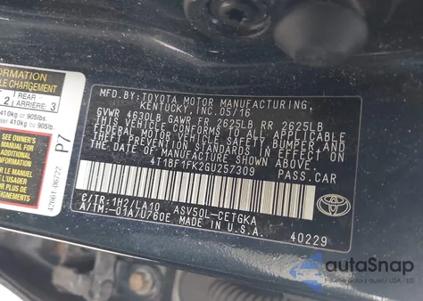 2016 Toyota Camry Xle from USA, damaged, VIN 4T1BF1FK2GU257309